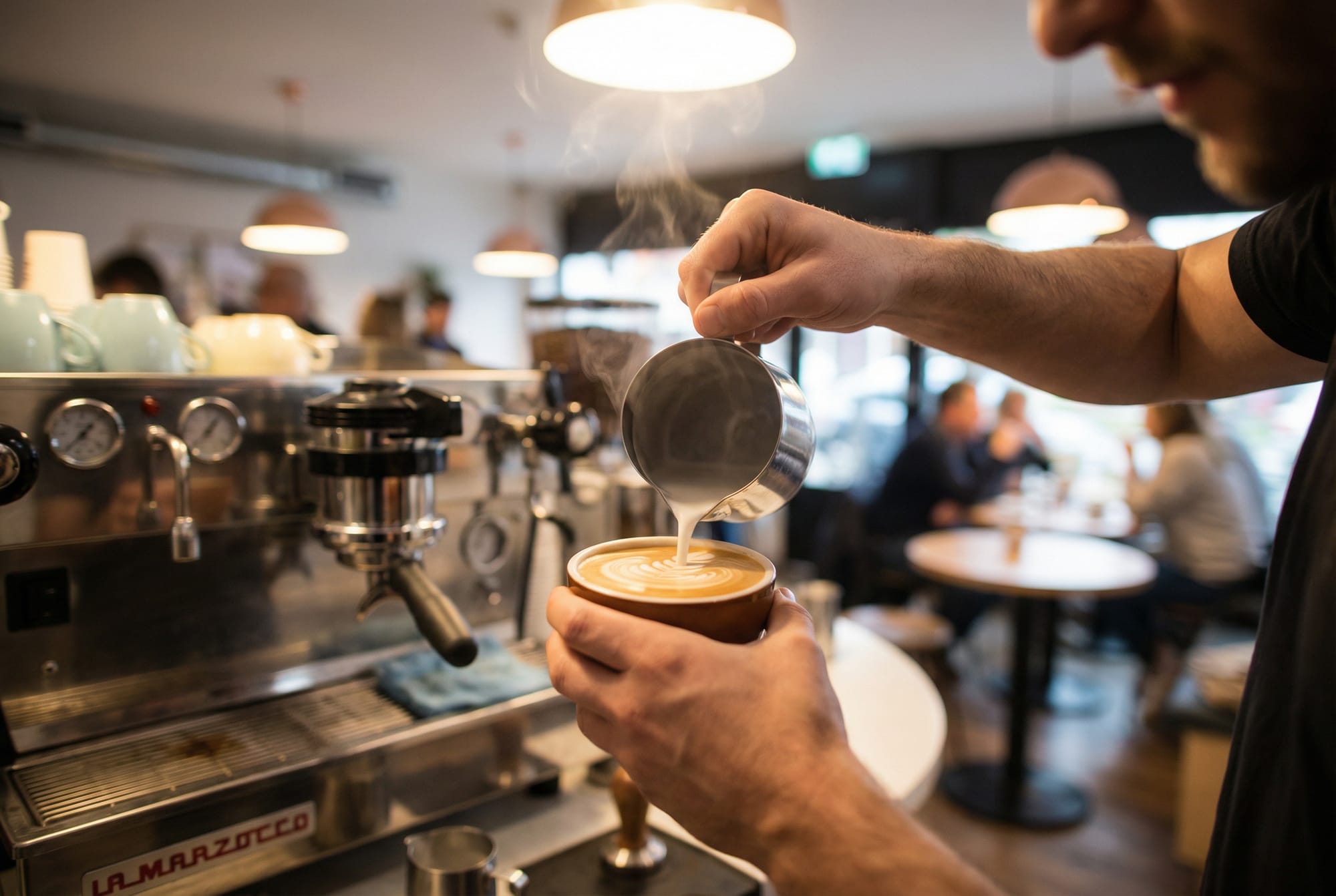 Drukke horecazaak met professionele koffiemachine